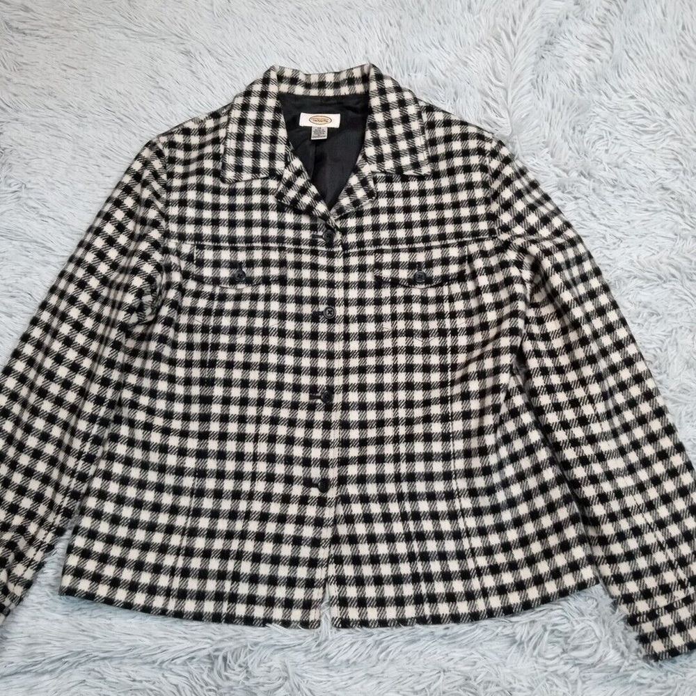 Vintage Talbots Jacket‎ Womens 12 Black White Plaid Wool Blend Coat Pockets